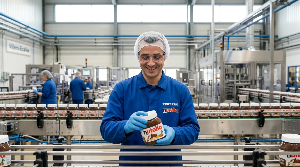 Employé d'usine souriant manipulant un pot de Nutella sur la ligne de production moderne de Villers-Écalles.