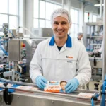 Employé d'usine souriant manipulant avec soin un emballage Kinder dans une unité de production agroalimentaire moderne et lumineuse.