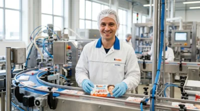 Employé d'usine souriant manipulant avec soin un emballage Kinder dans une unité de production agroalimentaire moderne et lumineuse.