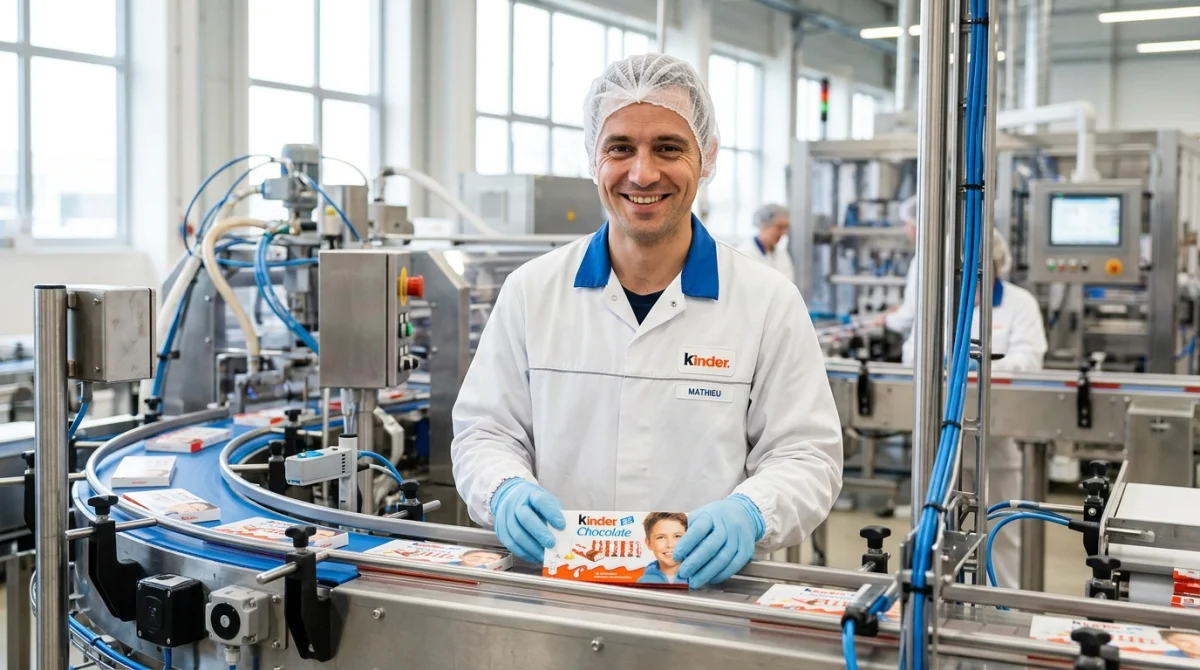 Employé d'usine souriant manipulant avec soin un emballage Kinder dans une unité de production agroalimentaire moderne et lumineuse.