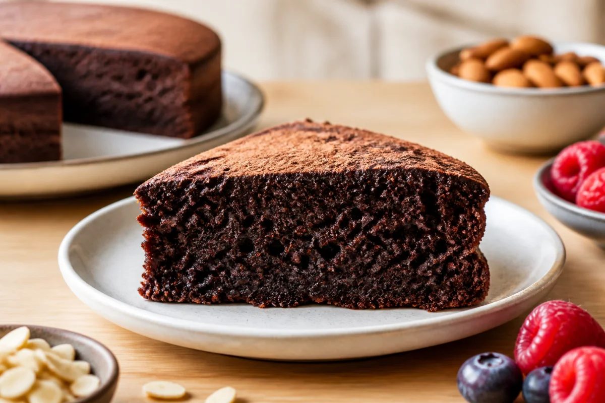 Part de gâteau pour diabétique au chocolat moelleux, décorée de baies fraîches sur une table en bois clair.