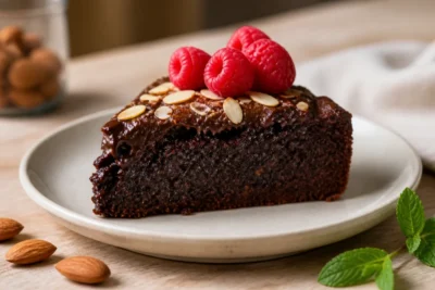 Part de gâteau pour diabétique au chocolat noir, garnie de framboises fraîches et d'amandes effilées sur table boisée.