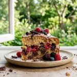 Part de gâteau moelleux aux fruits rouges et chocolat sur une assiette, idéale pour une recette sans sucre.