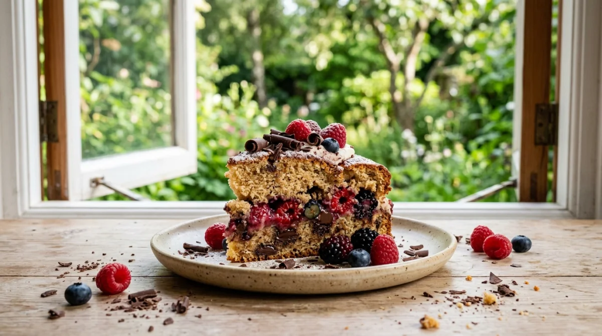 Part de gâteau moelleux aux fruits rouges et chocolat sur une assiette, idéale pour une recette sans sucre.