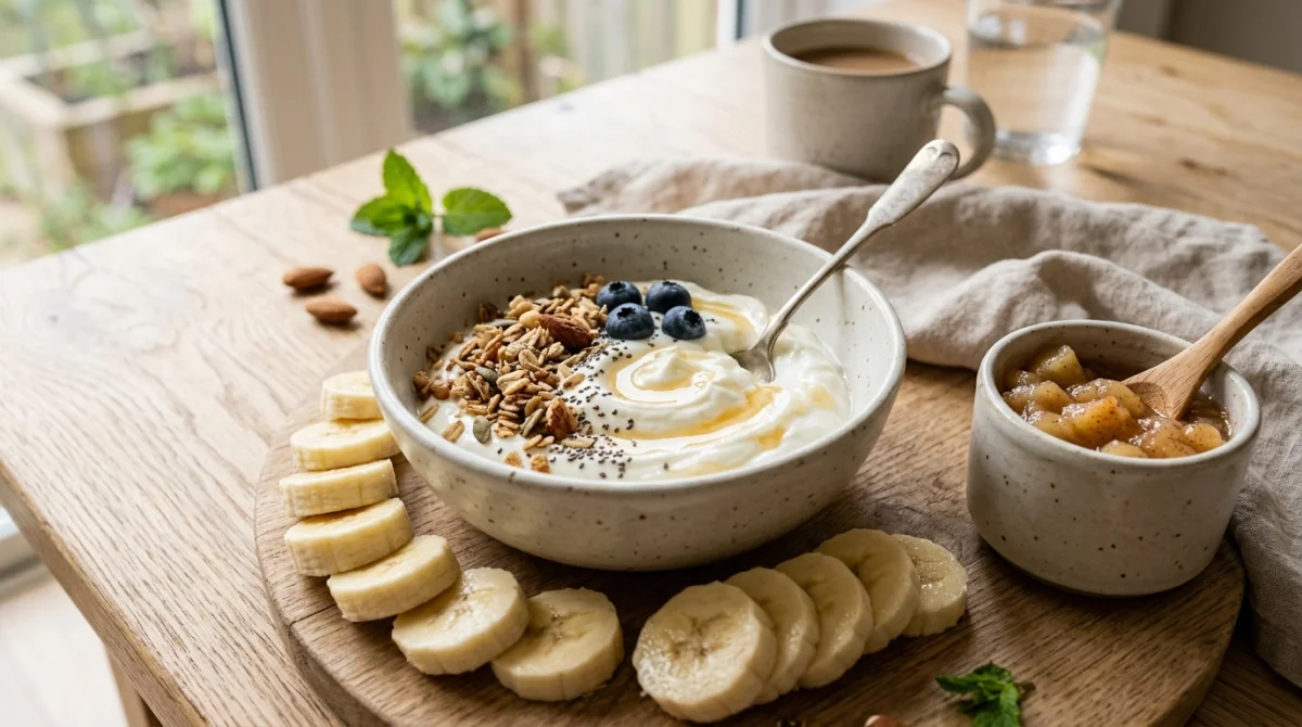 Bol de skyr crémeux avec bananes et compote, ingrédients sains pour une recette gâteau sans matière grasse ni sucre.