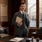 Homme d'affaires en costume des années 1930 travaillant dans un bureau parisien élégant, évoquant l'histoire de Danone.