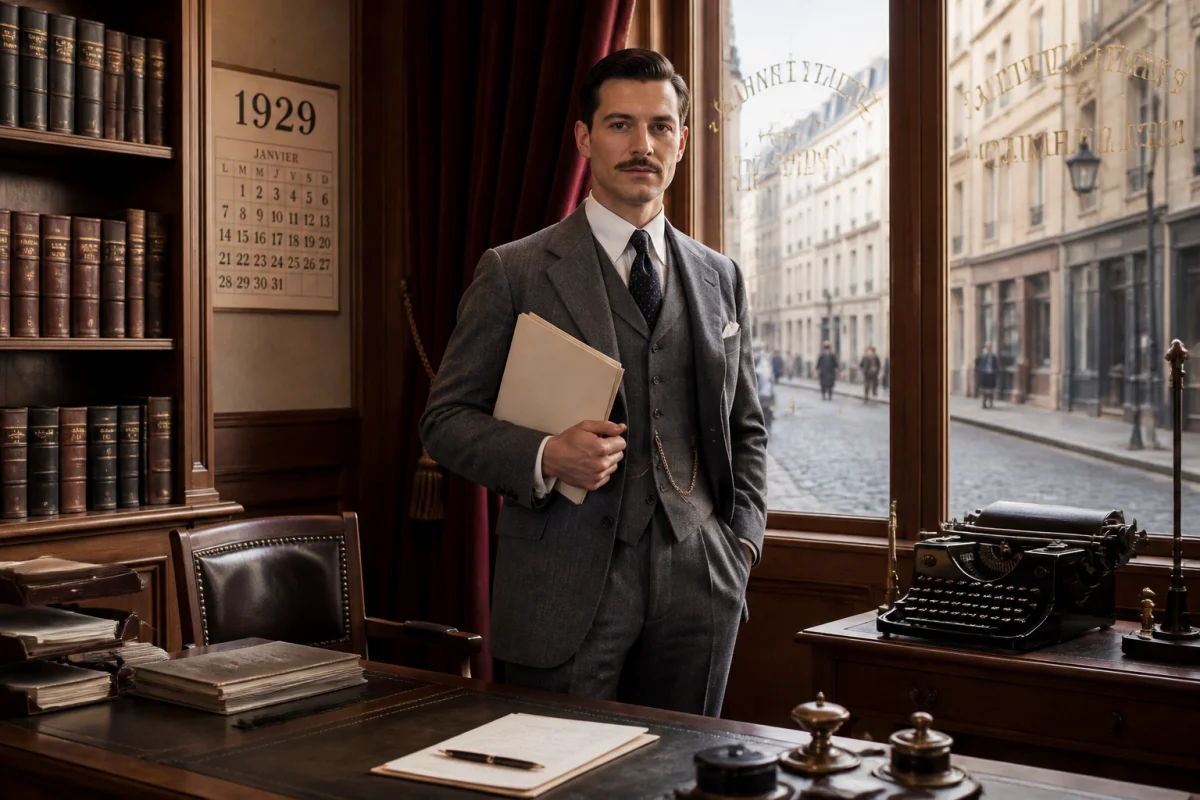 Homme d'affaires en costume des années 1930 travaillant dans un bureau parisien élégant, évoquant l'histoire de Danone.