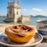 Pastel de nata traditionnel sur une terrasse avec vue sur la tour de Belém pour visiter Lisbonne en 3 jours.