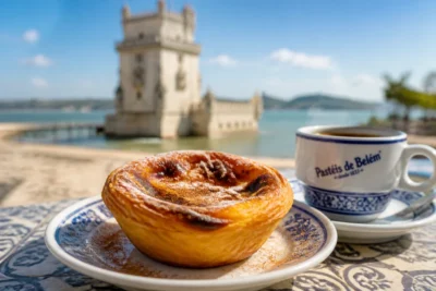 Pastel de nata traditionnel sur une terrasse avec vue sur la tour de Belém pour visiter Lisbonne en 3 jours.