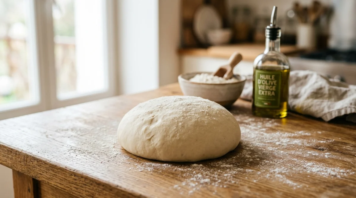 Boule de pâte à pizza sans levure fraîchement pétrie sur un plan de travail en bois fariné.