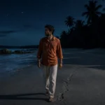 Personne marchant prudemment sur une plage déserte et mystérieuse, un endroit à éviter en Thaïlande la nuit.