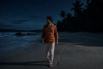 Personne marchant prudemment sur une plage déserte et mystérieuse, un endroit à éviter en Thaïlande la nuit.
