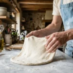 Mains d'un boulanger étalant une pâte à pizza sans levure souple sur un plan de travail en marbre.