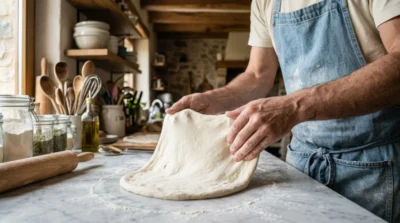 Mains d'un boulanger étalant une pâte à pizza sans levure souple sur un plan de travail en marbre.