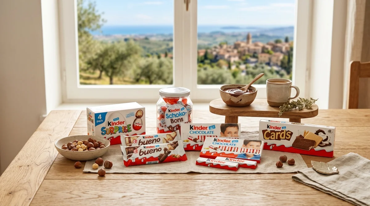 Sélection de produits Kinder emblématiques disposés sur une table en bois avec un paysage italien en arrière-plan.