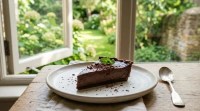 Part de flan au chocolat onctueux sans sucre, servie dans une assiette pour une recette diabétique gourmande.