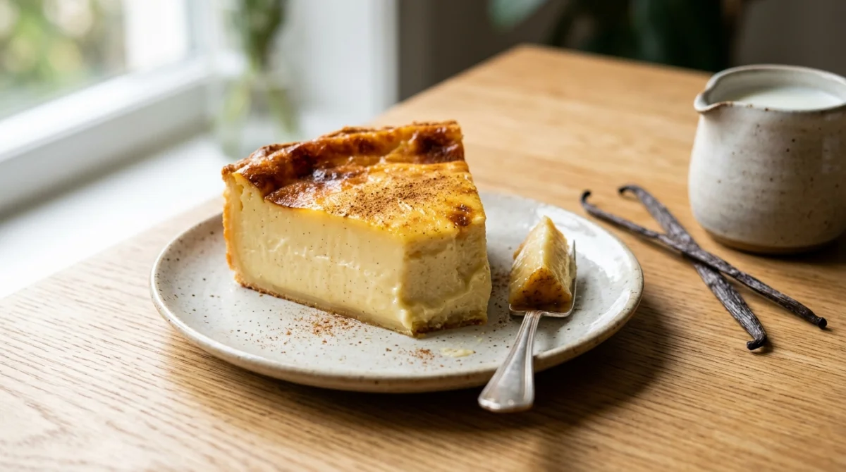 Part de flan pâtissier onctueux et doré, idéale pour une recette de flan sans sucre pour diabétique.