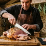 Chef cuisinier découpant des tranches fines de jambon à la broche au feu de bois sur planche rustique.