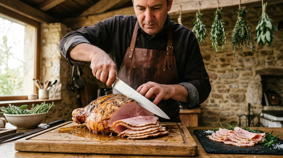 Chef cuisinier découpant des tranches fines de jambon à la broche au feu de bois sur planche rustique.
