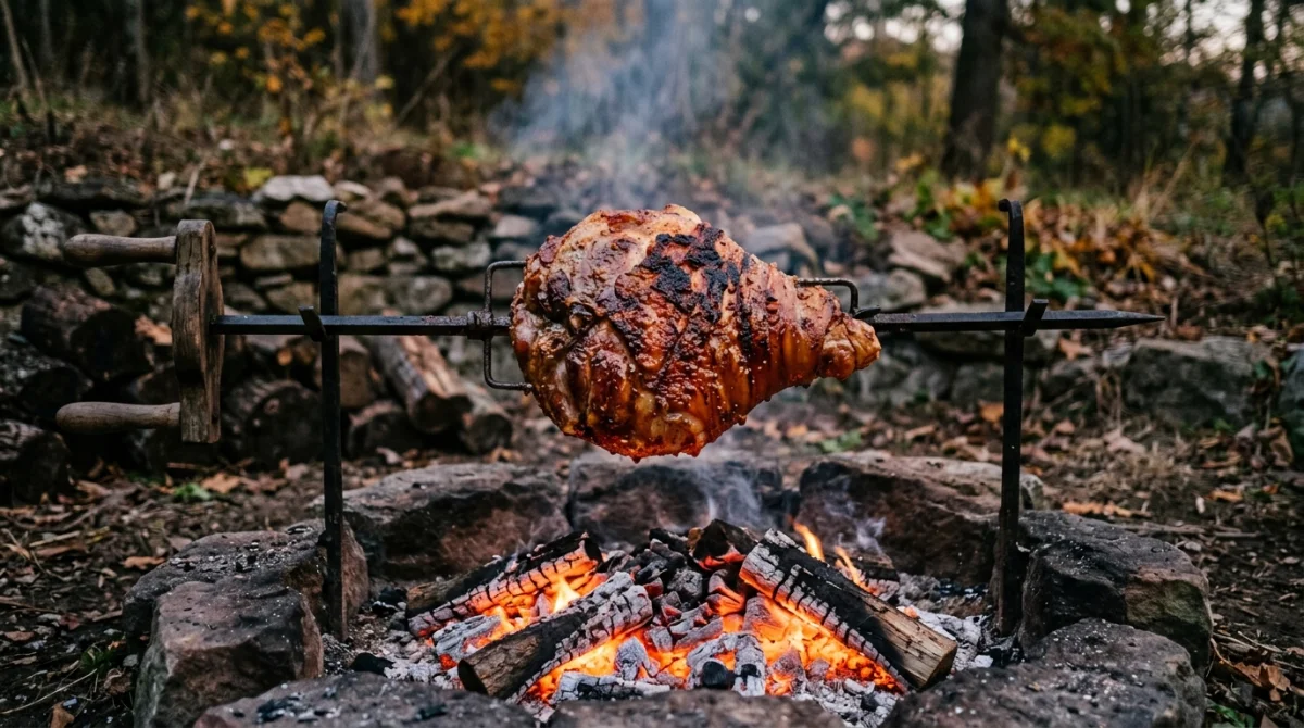 Jambon entier doré rôtissant lentement sur une broche métallique au-dessus d'un feu de bois rustique.