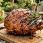 Jambon entier rôti à la broche avec une marinade dorée et caramélisée dans un jardin rustique.