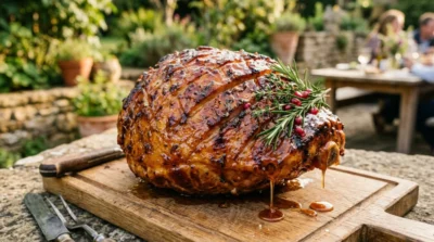 Jambon entier rôti à la broche avec une marinade dorée et caramélisée dans un jardin rustique.