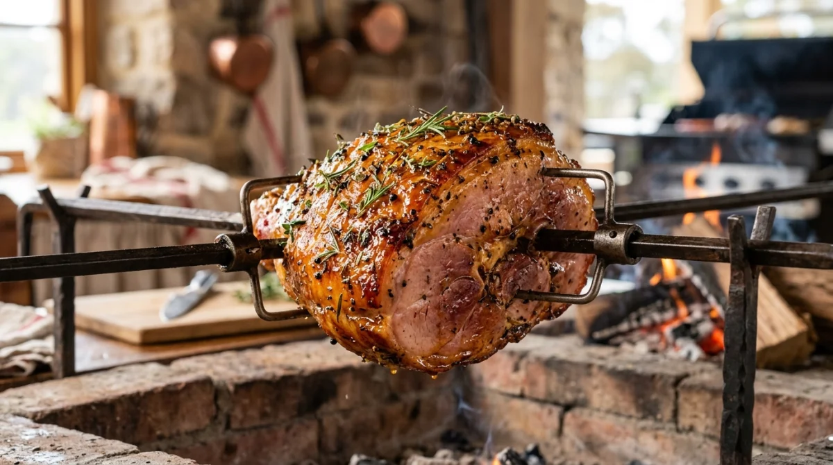 Jambon rôti doré et brillant sur une broche, nappé d'une savoureuse recette marinade pour jambon à la broche.