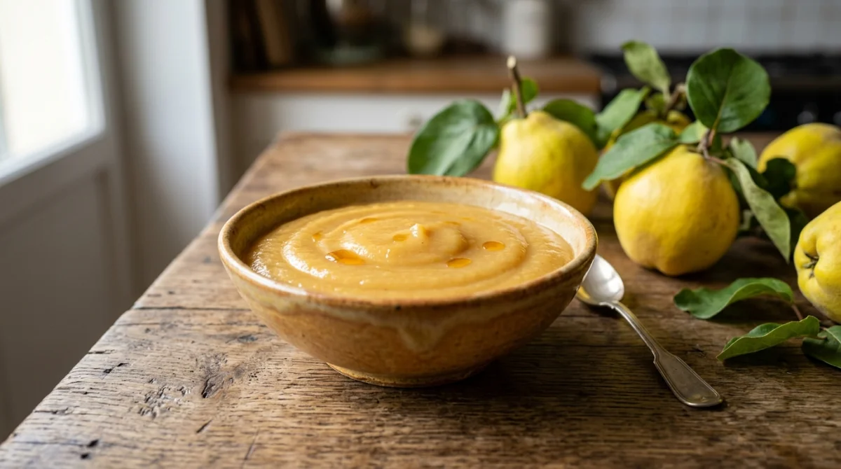 Bol de purée de coings onctueuse sur une table en bois rustique, pour une recette pâte de coings sans sucre.