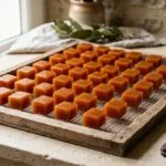 Cubes de pâte de coings sans sucre disposés sur une grille en bois dans une cuisine rustique.