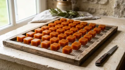 Cubes de pâte de coings sans sucre disposés sur une grille en bois dans une cuisine rustique.