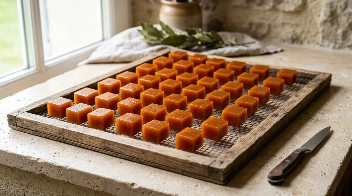 Cubes de pâte de coings sans sucre disposés sur une grille en bois dans une cuisine rustique.