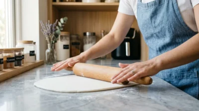 Pâtissière étalant une pâte à sucre blanche lisse sur un plan de travail en marbre pour une recette maison.