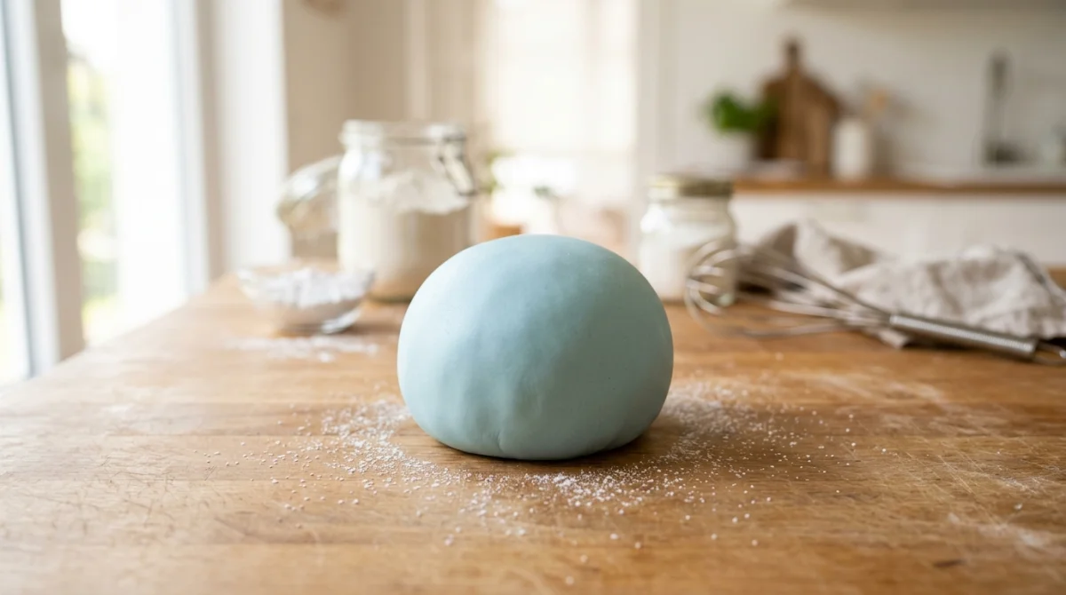 Boule de pâte à sucre lisse et élastique sur un plan de travail en bois pour une recette sans glucose.