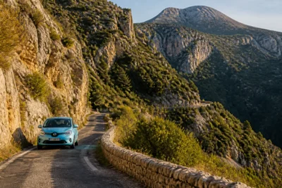 Voiture bleue circulant prudemment sur une route de montagne étroite et sinueuse, un endroit à éviter en Corse.
