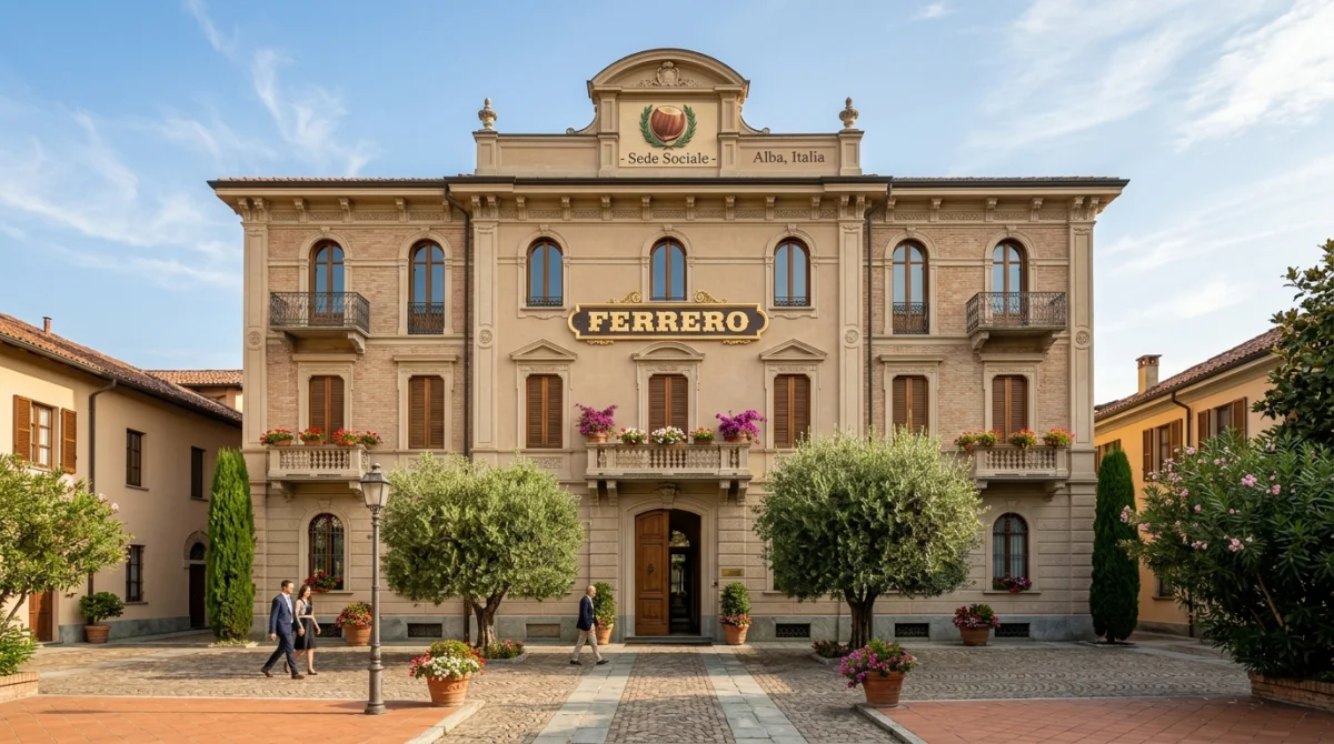 Façade historique du siège social de Ferrero à Alba, berceau italien de la marque Nutella.