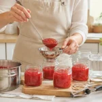 Préparation de confiture sans sucre maison, versée à la louche dans des bocaux en verre stérilisés