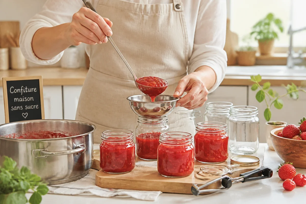 Préparation de confiture sans sucre maison, versée à la louche dans des bocaux en verre stérilisés