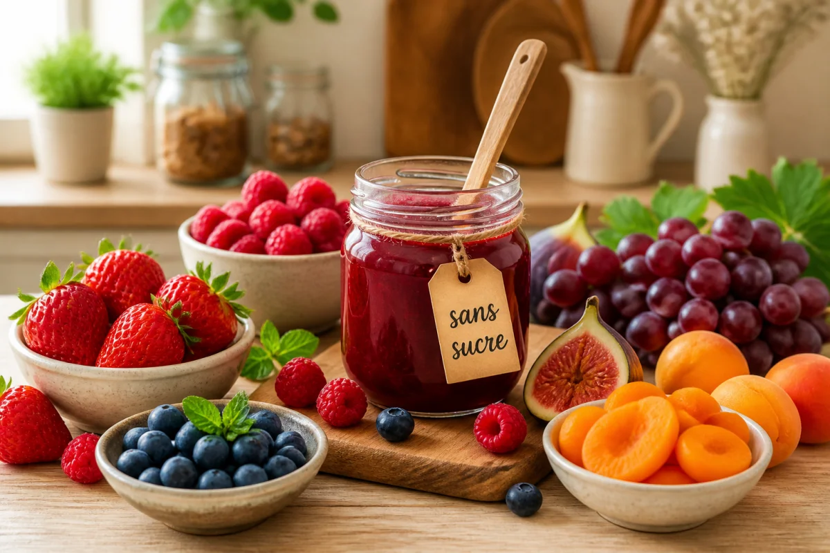 Pot de confiture sans sucre entouré de fraises, framboises, myrtilles, abricots, figues et raisins frais