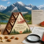 Tablette de chocolat au lait triangulaire évaluée selon les critères d’origine suisse, avec carte et documents réglementaires alpins