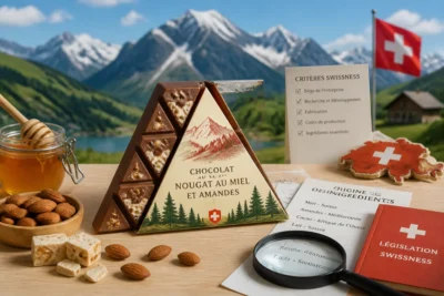 Tablette de chocolat au lait triangulaire évaluée selon les critères d’origine suisse, avec carte et documents réglementaires alpins