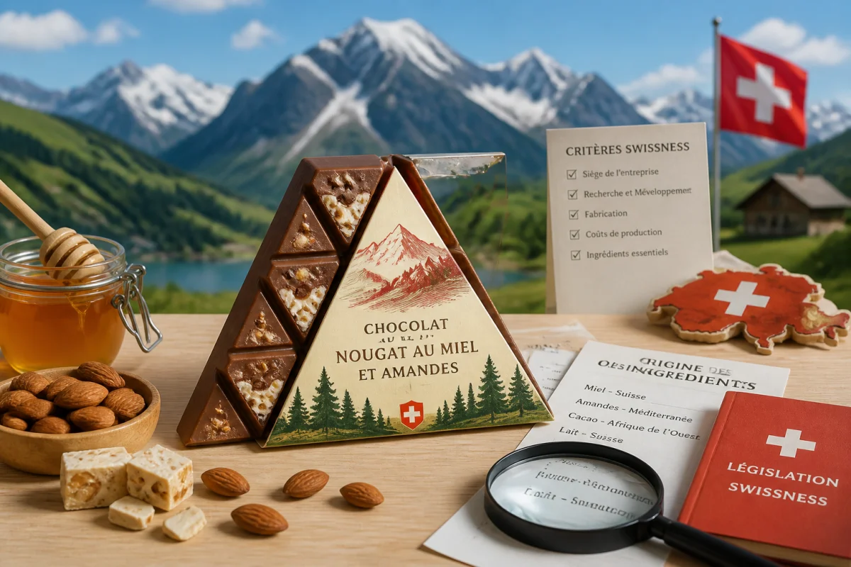 Tablette de chocolat au lait triangulaire évaluée selon les critères d’origine suisse, avec carte et documents réglementaires alpins