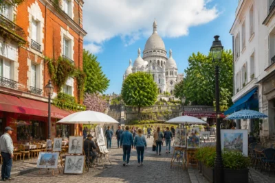 Visiter Paris en 3 jours : rue pittoresque de Montmartre, artistes, cafés et basilique du Sacré-Cœur en arrière-plan