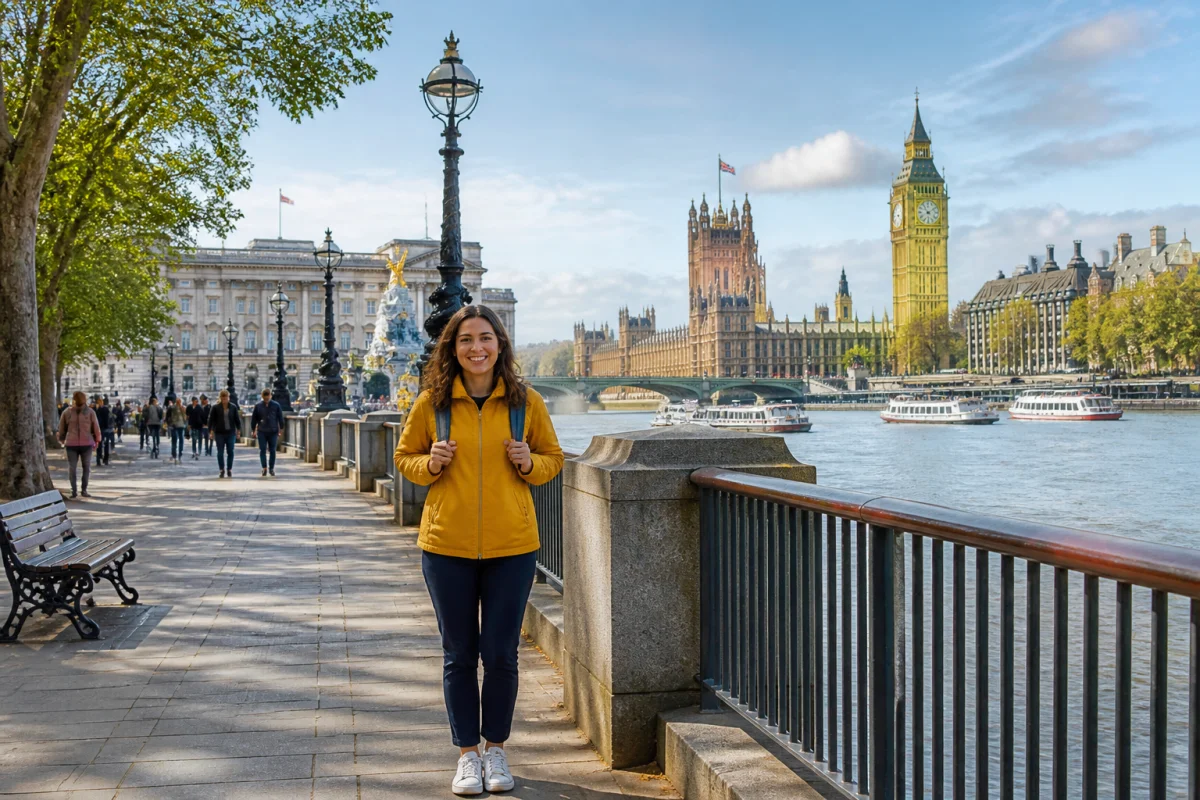 Voyageuse souriante devant Westminster et la Tamise, une escapade inspirante pour découvrir Londres en 3 jours