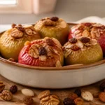 Pommes au four sans sucre, garnies de noix, amandes effilées, fruits secs et cannelle, dans un plat en céramique