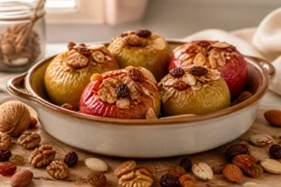 Pommes au four sans sucre, garnies de noix, amandes effilées, fruits secs et cannelle, dans un plat en céramique