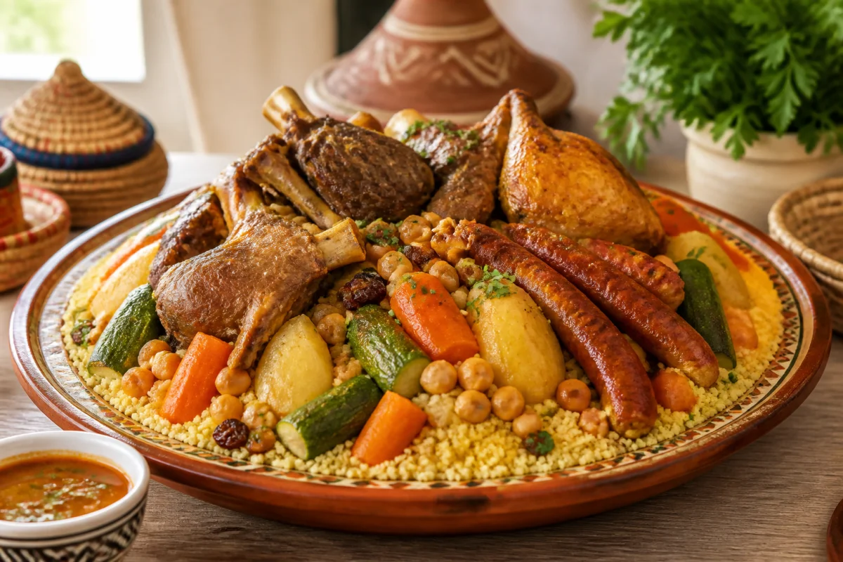 Couscous marocain royal avec agneau, poulet rôti et saucisses épicées, accompagné de légumes et pois chiches