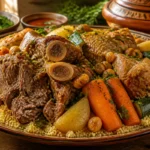 Couscous royal avec agneau, bœuf et poulet mijotés, semoule dorée, légumes colorés et pois chiches