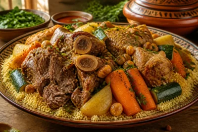 Couscous royal avec agneau, bœuf et poulet mijotés, semoule dorée, légumes colorés et pois chiches