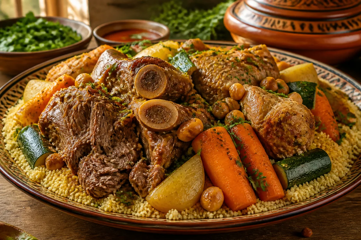 Couscous royal avec agneau, bœuf et poulet mijotés, semoule dorée, légumes colorés et pois chiches