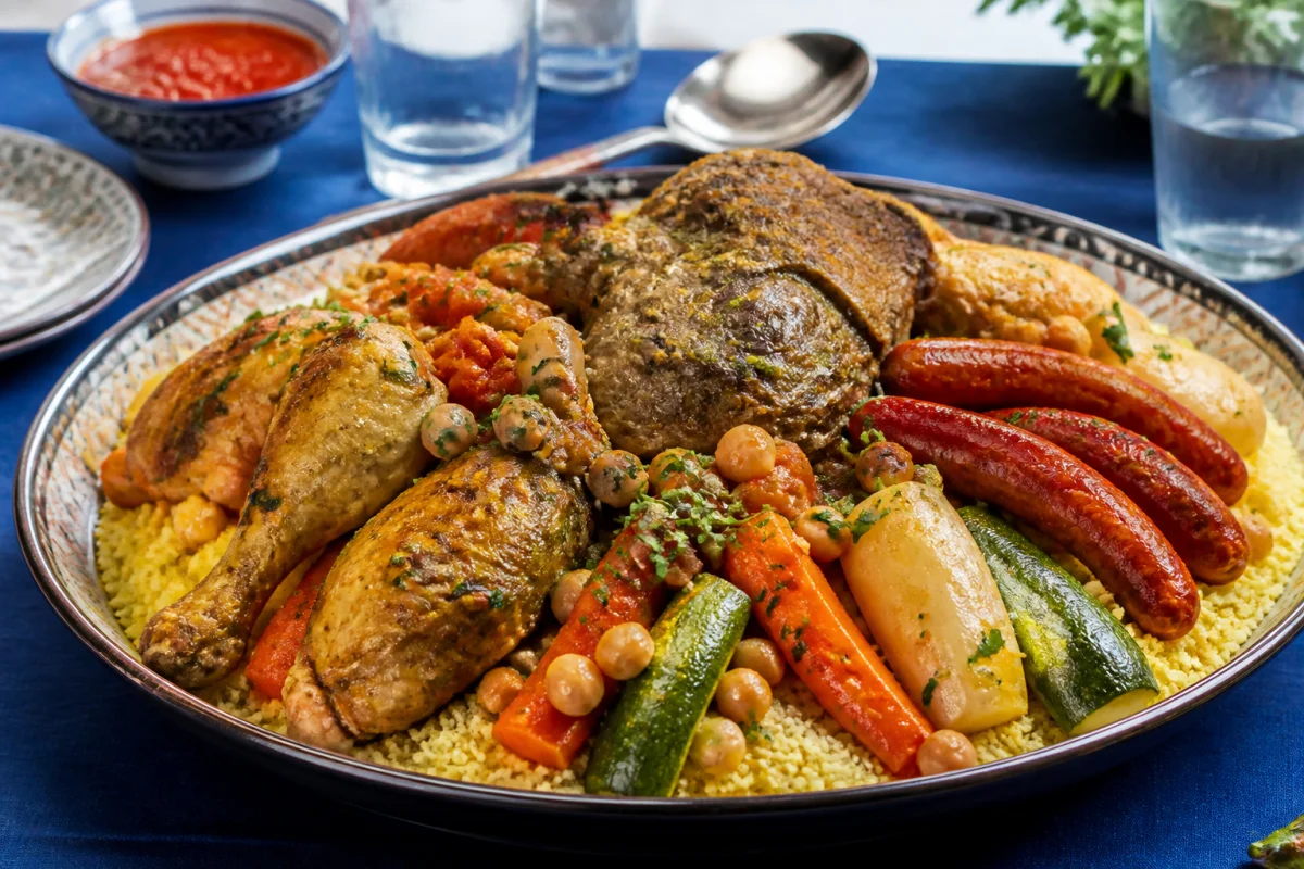 Couscous royal généreux avec agneau mijoté, poulet fondant et merguez grillées, accompagné de légumes et semoule.